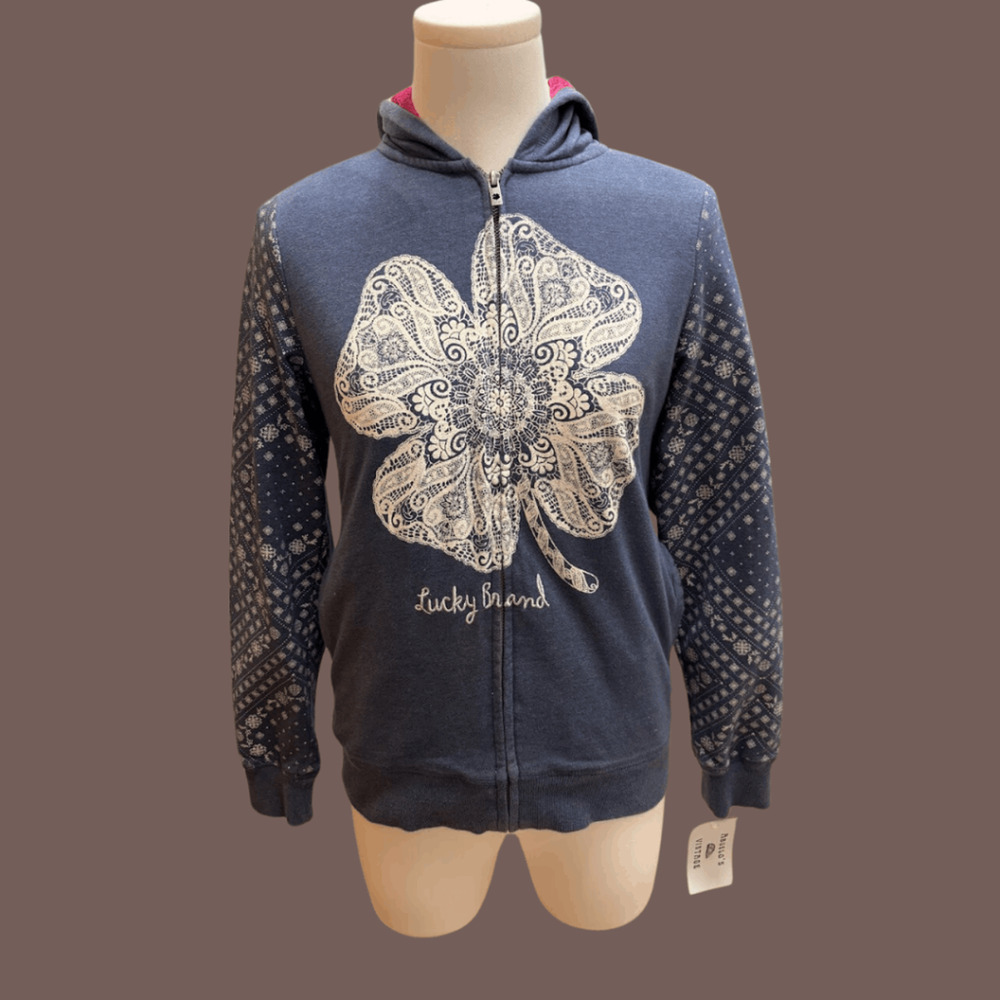 Lucky Brand Zip Hoodie | Gray Floral Faux Fur | Size L | Vintage